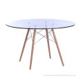 Round glass top dining table with wood base